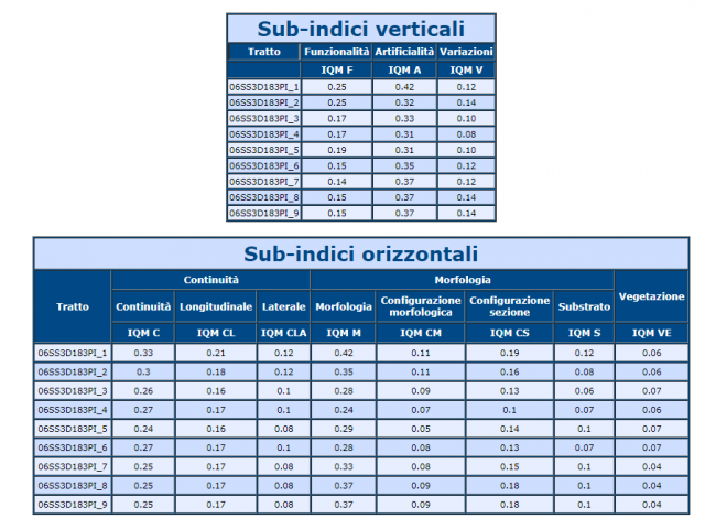 Sub-indici verticali e orizzontali degli indicatori della morfologia dei corsi d'acqua