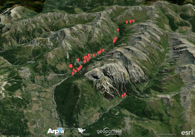 Mappa delle interferenze con la viabilità in Valle Argentera