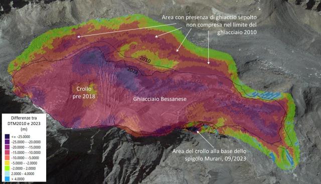 Mappa delle perdite di spessore del ghiacciao della Bessanese tra il 2010 e il 2023