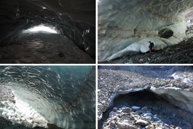 Immagini delle grotte di ghiaccio nella parte sepolta del ghiacciaio di Peirabroc, Alpi Marittime