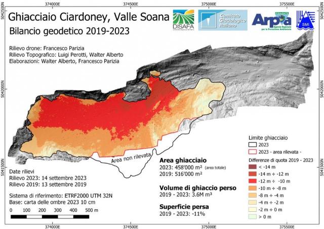 Immagine delle variazioni di spessore e perdite di volume del ghiacciaio del Ciardoney tra il 2019 e il 2023