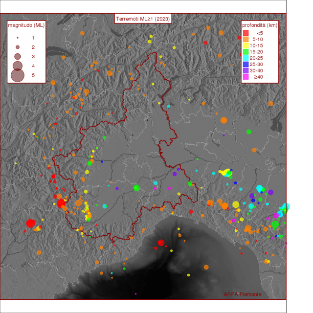 Localizzazione dei terremoti rilevati dalla rete sismica della Regione Piemonte