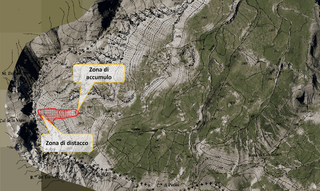 Localizzazione dell’incidente e perimetro della valanga a Rocca Tre Vescovi