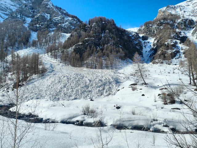 Dettaglio della zona di accumulo nei pressi del torrente Chisone della valanga del 12/03/2023 in Val Troncea