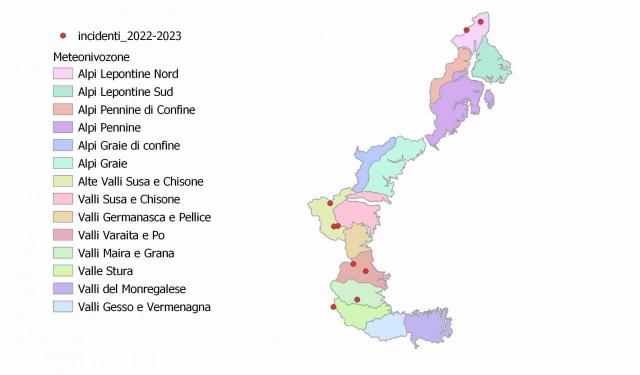 Distribuzione spaziale degli incidenti sull’arco alpino piemontese.