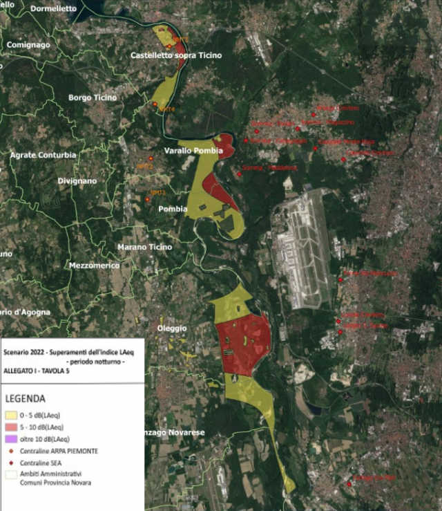 Aeroporto di Malpensa, mappa acustica superamenti diurni PZA comunali