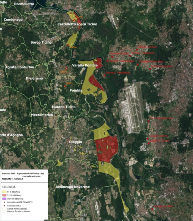 Aeroporto di Malpensa, mappa acustica superamenti notturni PZA comunali