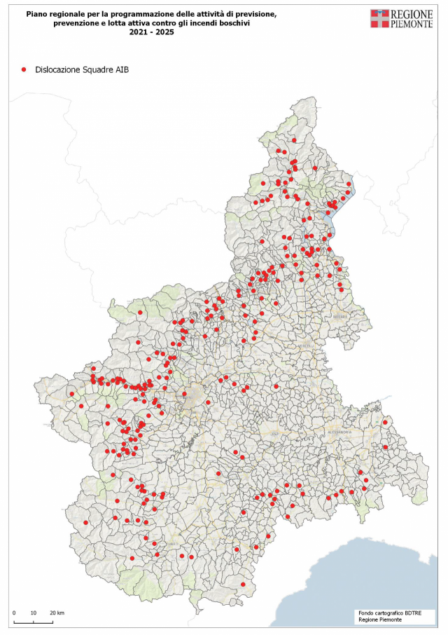 Dislocazione delle Squadre di Volontari AIB sul territorio piemontese