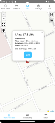 OpeNoise Screenshot: pagine di visualizzazione misure su mappa