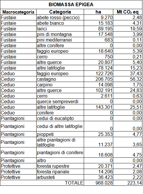 Tabella 1. Superficie totale occupata in regione da ogni categoria di bosco e Mt di carbonio equivalente fissato