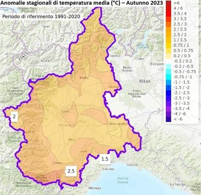 Anomalia della temperatura media nell’autunno 2023 rispetto alla media del periodo 1991-2020