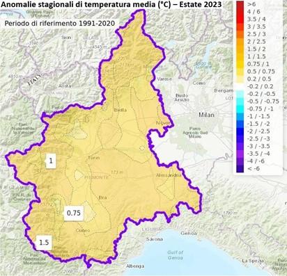 Anomalia della temperatura media nell’estate 2023 in Piemonte rispetto alla media del periodo 1991-2020