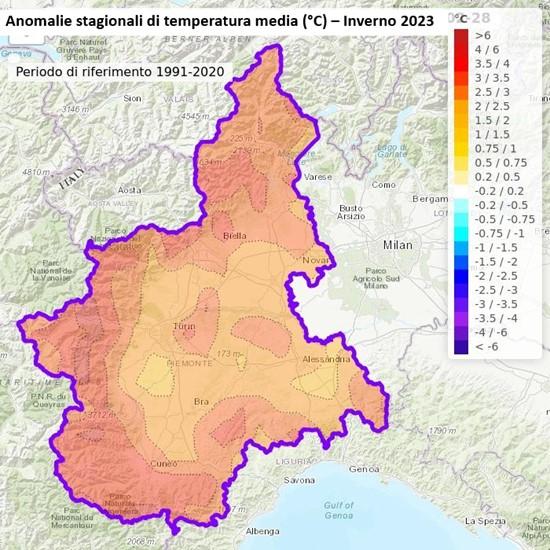 Anomalia della temperatura media nell’inverno 2023/2024 rispetto alla media del periodo 1991-2020 