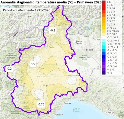 Anomalia della temperatura media nella primavera 2023 in Piemonte rispetto alla media del periodo 1991-2020