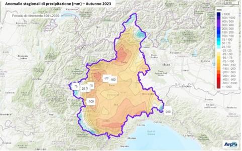 Anomalia della precipitazione cumulata nell’autunno 2023 rispetto alla media del periodo 1991-2020