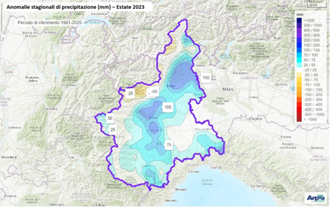 Anomalia della precipitazione cumulata nell’estate 2023 rispetto alla media del periodo 1991-2020 in Piemonte