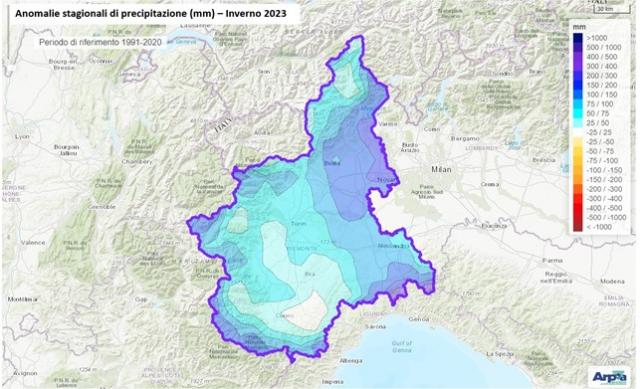 - Anomalia della precipitazione cumulata nell’inverno 2023/2024 rispetto alla media del periodo 1991-2020