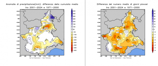 Differenza del numero medio di giorni piovosi (a destra) e della precipitazione cumulata annuale media (a sinistra) tra i periodi 2001-2024 e 1971-2000 in Piemonte