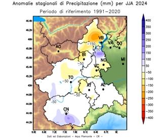Anomalia della precipitazione cumulata nell’estate 2024 rispetto alla media del periodo 1991-2020 in Piemonte