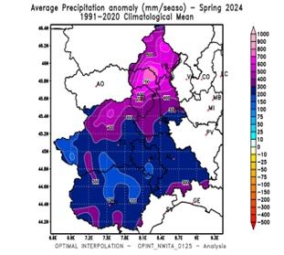 Anomalia della precipitazione cumulata nella primavera 2024 rispetto alla media del periodo 1991-2020