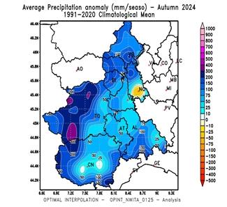 Anomalia della precipitazione cumulata nell’autunno 2024 rispetto alla media del periodo 1991-2020