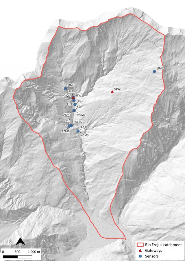 Distribuzione dei sensori per il monitoraggio delle colate detritiche del Rio Frejus