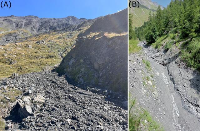 Area di innesco del flusso di detriti alla testa del sottobacino del Rio Merdovine. (B) Tracce del passaggio del flusso detritico appena a monte della confluenza tra il Rio Merdovine e il canale principale del Rio Frejus.