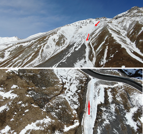 Nella foto in alto la zona di distacco e scorrimento, nella foto in basso la zona di accumulo in prossimità della strada per il Colle della Maddalena SS21. Foto CLV Valle Stura