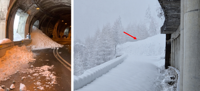 Accumulo della valanga di “Balme Fiorant” (codice SIVA 31 E TO) vista da dentro (a sinistra) e da fuori (a destra) della galleria paravalanghe. Foto del Parco Nazionale Gran Paradiso 
