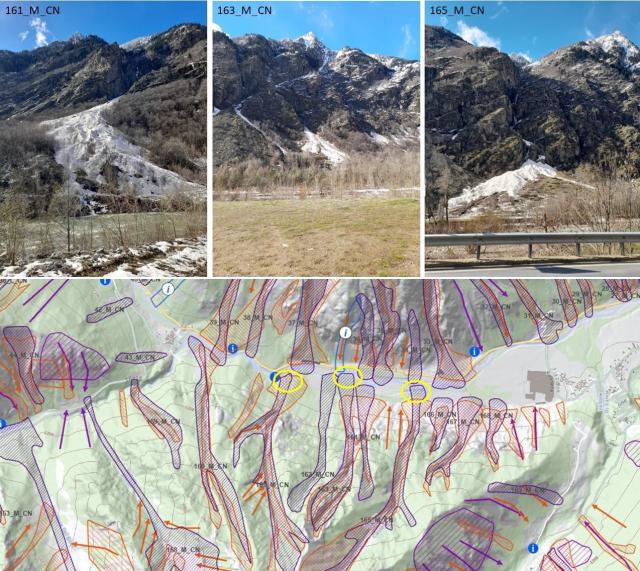In alto, valanghe molto grandi scese fino sul fondovalle nel tratto tra Vinadio (CN) e la frazione Pianche; Come si può  notare dall’estratto cartografico riportato in basso, con evidenziate le zone di accumulo, le valanghe sono tutte scese dal versante orografico sinistro della Valle Stura. Foto della CLV Valle Stura