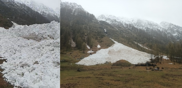 Accumulo di valanga di dimensioni molto grandi, nel fondovalle del Vallone del Azaria, Alta Valle Soana. A sinistra particolare nella zona del conoide. Si noti a destra la quota neve notevolmente più elevata del deposito valanghivo, 02.05.24. Foto del Parco Nazionale Gran Paradiso
