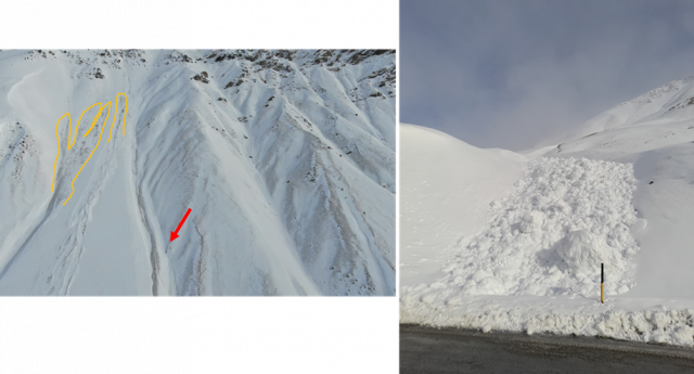 A sinistra dettaglio sulla zona di distacco della valanga che ha quasi raggiunto la sede stradale del Colle della Maddalena (indicata con la freccia rossa). In giallo la delimitazione di altri distacchi avvenuti poco più a monte. A destra la zona di accumulo della valanga. Foto CLV Valle Stura
