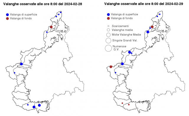 Ddistribuzione delle valanghe osservate dai rilevatori il 28 e 29 febbraio classificate in base al tipo e dimensione della valanga