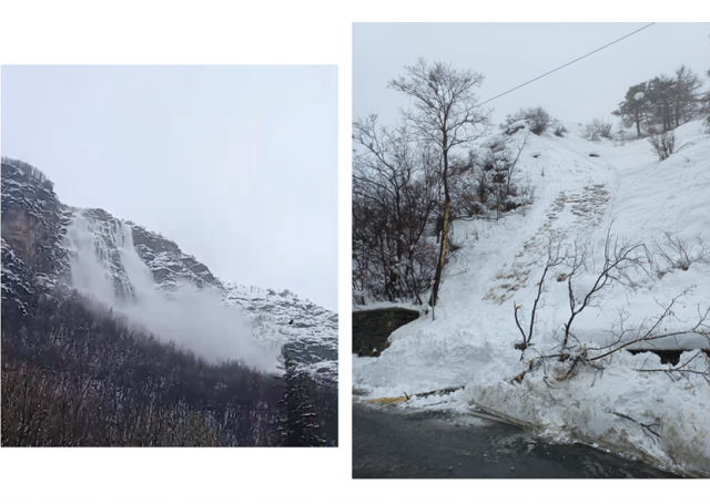 Sulla sinistra la valanga a debole coesione di grandi dimensioni fotografata in Val Cenischia (Giaglione, TO) il 28 febbraio; Foto CLV Val Susa. Sulla destra la piccola valanga a debole coesione di fondo di neve bagnata che ha interessato la Strada Regionale 23 del Sestriere nel Comune di Usseaux (TO) il 28 febbraio. Foto del Parco Alpi Cozie 