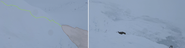 La linea verde indica una porzione della zona del distacco mentre in arancione l’accumulo nel lago; a destra un dettaglio della zona dell’accumulo nel Lago Toggia. Foto effettuate dai nostri rilevatori il giorno del rilievo 