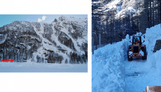 A sinistra le valanghe staccatesi dalle pendici della Corbassera (Ceresole Reale, TO) a circa 2300 m con zona di accumulo più a valle del lungo lago (Evidenziato dalla freccia rossa). A destra operazioni di pulizia della S.P.50 interessata da una valanga. Foto del Parco Nazionale Gran Paradiso