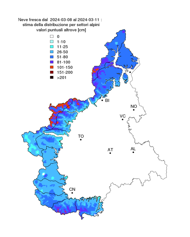 Mappa della stima della precipitazione nevosa cumulata dall’8 all’11 marzo 2024