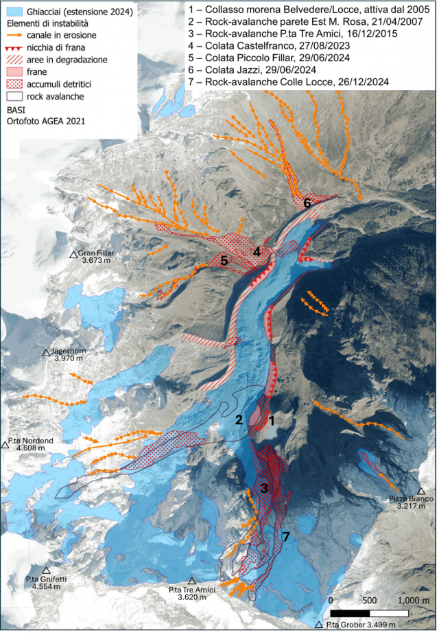 Carta delle instabilità geomorfologiche attive e sintesi dei principali eventi che hanno coinvolto la parete est del Monte Rosa e la conca glaciale del Belvedere negli ultimi anni (elaborazione Arpa Piemonte)