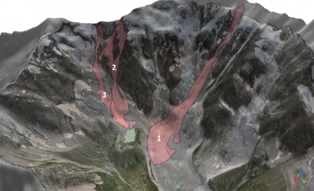 Modello 3D della conca del versante Est del Monte Rosa con indicate le aree di coinvolgimento delle rock-avalanche del 2007 (1), del 2015 (2) e l’attuale del 26 dicembre 2024