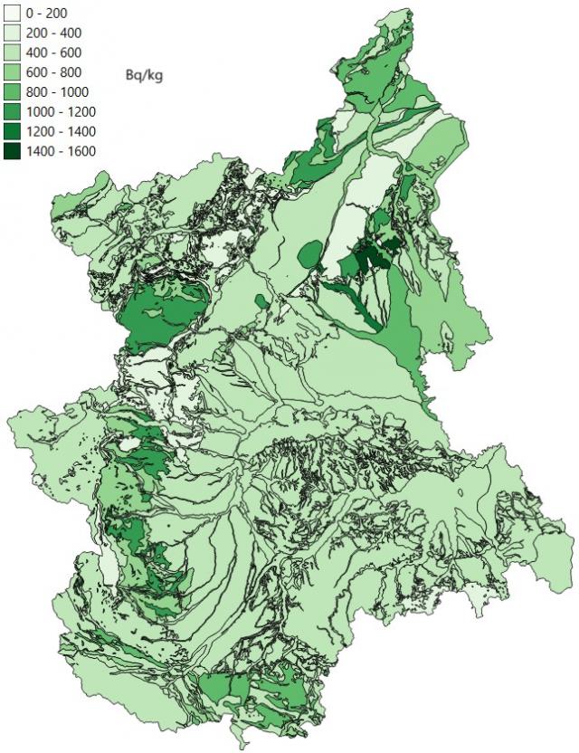 Distribuzione di Potassio 40 nelle unità radiogeolitologiche in Piemonte e Valle d’Aosta