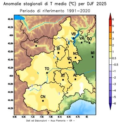 Anomalia della temperatura media nell’inverno 2024/2025 rispetto alla media del periodo 1991-2020