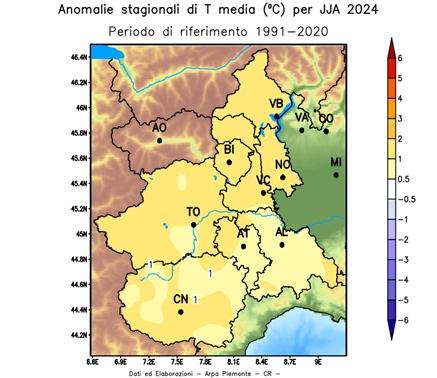 Anomalia della temperatura media nell’estate 2024 in Piemonte rispetto alla media del periodo 1991-2020