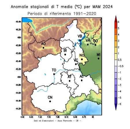 Anomalia della temperatura media nella primavera 2024 in Piemonte rispetto alla media del periodo 1991-2020