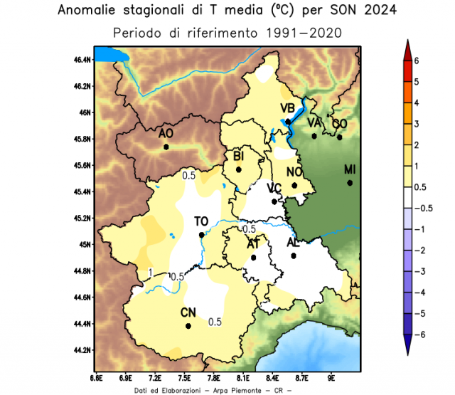 Anomalia della temperatura media nell’autunno 2024 rispetto alla media del periodo 1991-2020