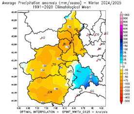 Anomalia della precipitazione cumulata nell’inverno 2024/2025 rispetto alla media del periodo 1991-2020 in Piemonte 