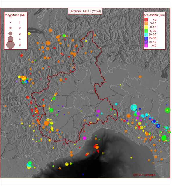 Localizzazione dei terremoti rilevati dalla rete sismica della Regione Piemonte nel 2024