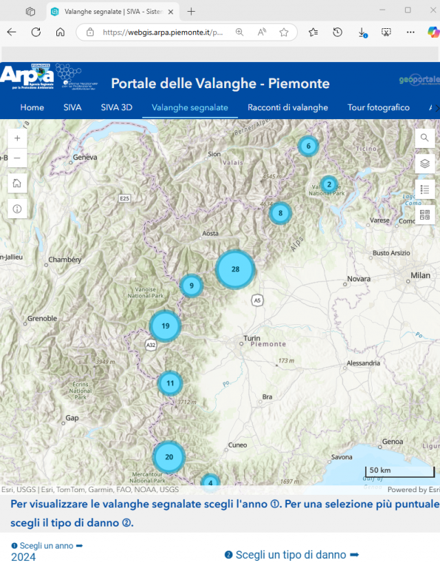 La sezione Valanghe segnalate del Portale