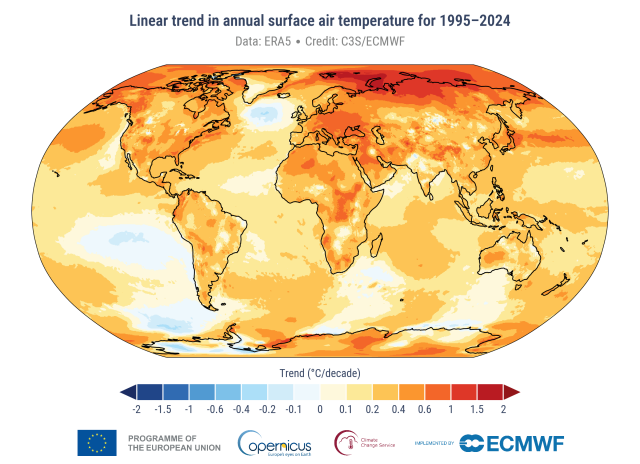 Tendenza annuale della temperatura superficiale (°C/decade) sul periodo 1995–2024. Dati: ERA5. Credit: C3S/ECMWF