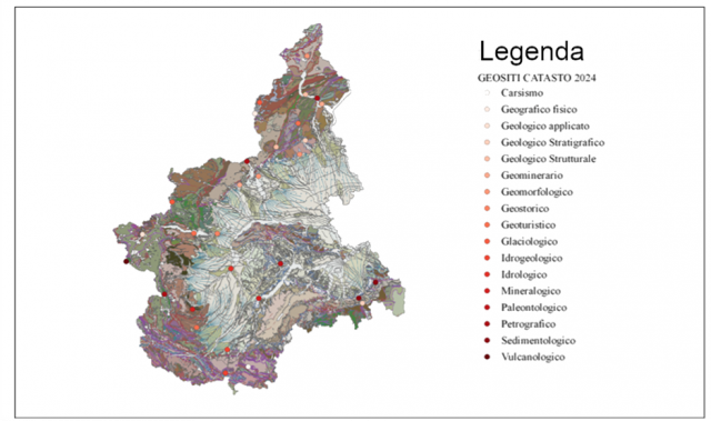 Distribuzione dei geositi nel territorio piemontese distinti per ambito e sotto-ambito di classificazione (base GeoPiemonte Map 2021).