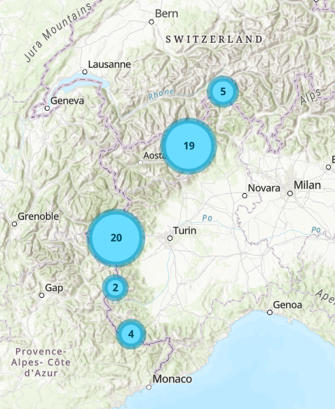 estratto della home page del Catasto valanghe nel quale sono rappresentati i fenomeni valanghivi di dimensioni rilevanti che hanno interessato il territorio piemontese nella stagione 2024/25